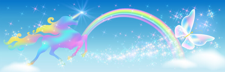 Galloping iridescent Unicorn with luxurious winding mane and flying butterfly against the background of the fantasy universe with sparkling stars, clouds and rainbow