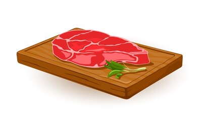 Uncooked meat ribeye served on wooden board. Vector tasty fresh part of beef, culinary and cooking at home, aromatic green twig. Food design isolated on white background