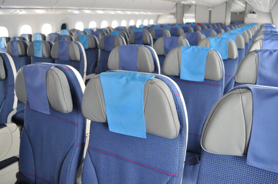 Seat Rows In Empty Airplane Cabin.