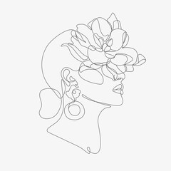 Woman head with flowers composition. Hand-drawn vector line-art illustration. One Line style drawing.