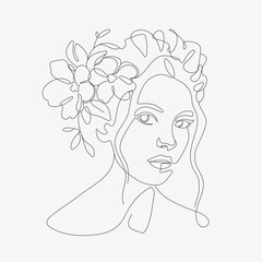 Woman head with flowers composition. Hand-drawn vector line-art illustration. One Line style drawing.