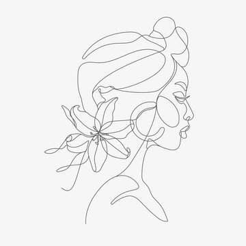 Woman head with flowers composition. Hand-drawn vector line-art illustration. One Line style drawing.