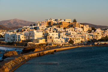 View at sunset of the Port of Naxos on the west coast of the Greek island of the same name in the...