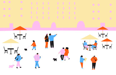 Tiny people in the big city. Vector cute illustrations of people and families on the city streets. Freehand drawings for poster, card and cover. Landscape city centre with many building.