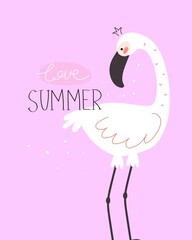 love summer. cartoon flamingo, hand drawing lettering, decor elements. Summer colorful vector illustration, flat style. design for cards, print, posters, logo, cover