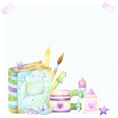 Back to school square background or premade template with watercolor clipart in cartoon style including textbook, brush, pen, pencil and other stationery items and art and craft supplies