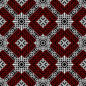 Celtic seamless pattern. Vector ornamental intricate background. Repeat Deco backdrop. Black white red vintage plexus ornaments. Modern decorative ethnic gothic style design. For wallpapers, prints