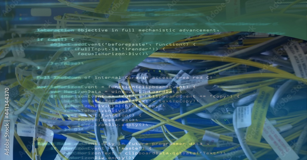 Poster data processing over close up of computer server against green technology background