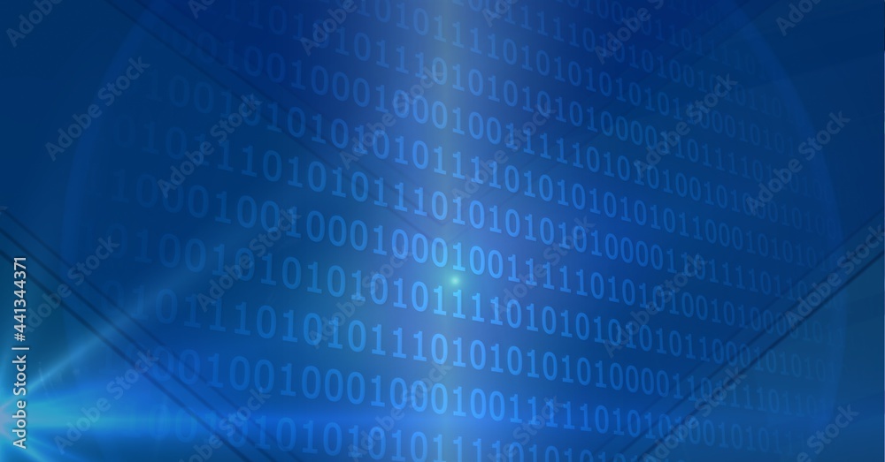 Poster binary coding data processing against spot of light on blue technology background