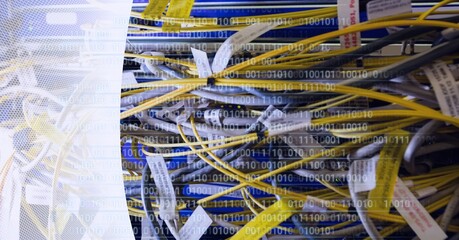 Binary coding data processing over close up of computer server against white technology background