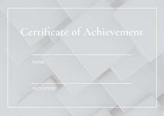 Certificate of achievement text with white lines and copy space with 3d shapes on grey background