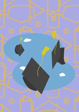 Multiple graduation hat icon against graduation hat and diploma icons on purple background