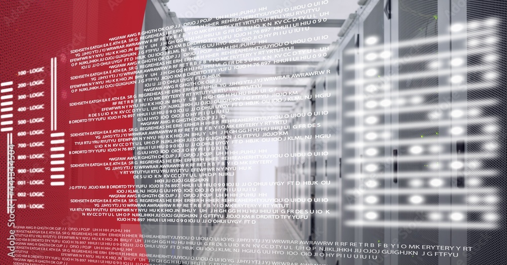 Poster data processing against empty computer server room against red technology background