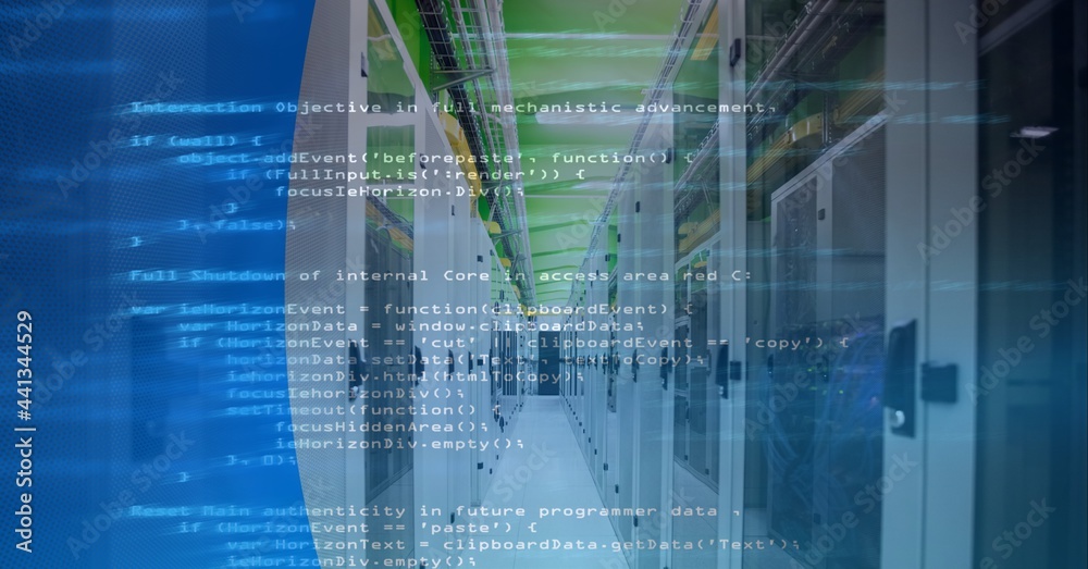 Poster data processing over empty computer server room against blue technology background