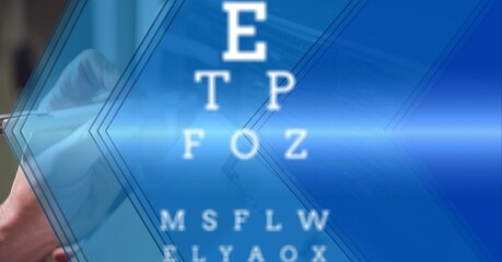 Alphabets over mid section of worker worker in server room against blue technology background