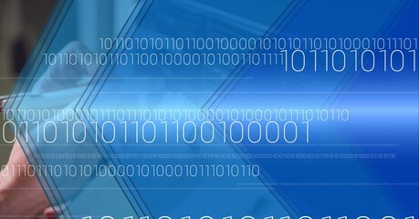 Binary coding over mid section of worker worker in server room against blue technology background