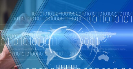 Binary coding over mid section of worker worker in server room against blue technology background