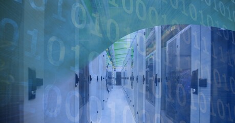 Binary coding data processing over empty computer server room against green technology background