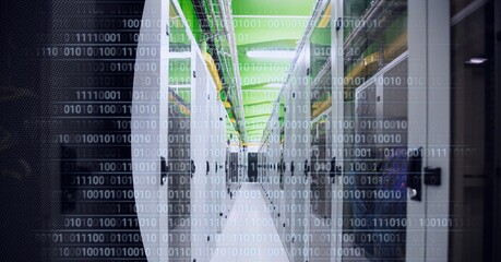 Binary coding data processing over empty computer server room against grey technology background