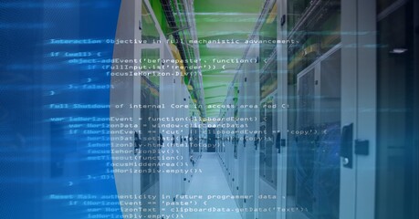 Data processing over empty computer server room against blue technology background