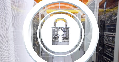 Security padlock icon against computer server room against grey technology background
