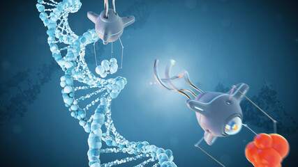 Medical nanobots repair a damaged section of DNA. 3D render.
