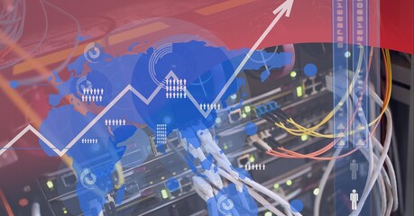 Data processing and world map over close up of computer server against red technology background