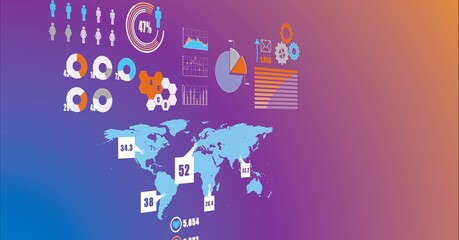 Digital interface with data processing over world map against gradient background