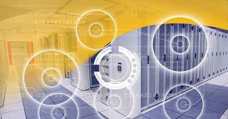 Multiple round scanners over empty computer server room against yellow technology background