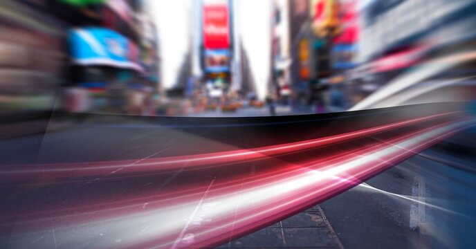 Digital composite image of red digital waves against view of city traffic