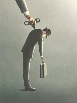 illustration of tired wind up key business man need recharge to keep working, surreal concept