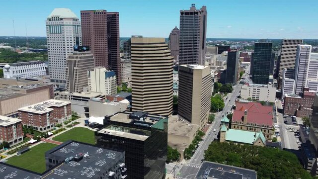Columbus Ohio downtown, skyline viewed from the south.  Aerial Drone.