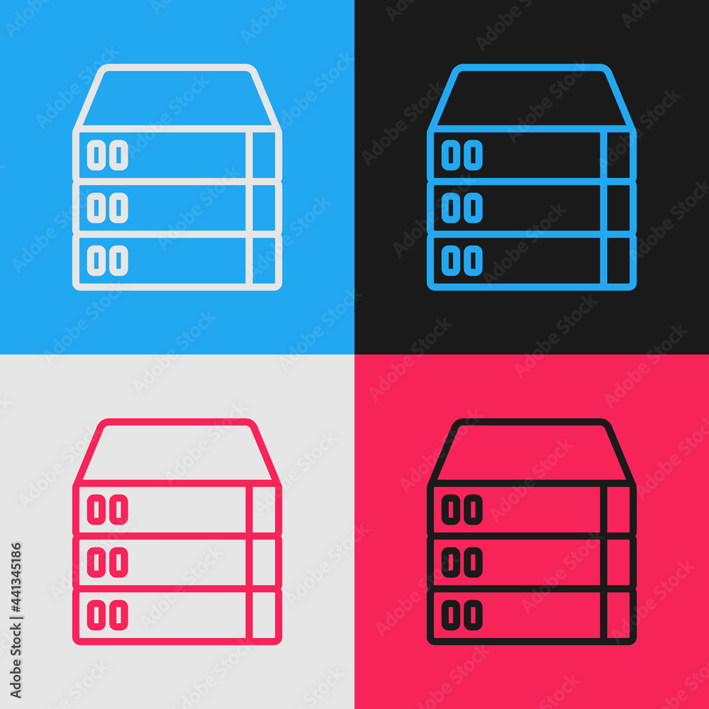 Poster pop art line server, data, web hosting icon isolated on color background. vector