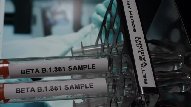 Beta B.1.351 South Africa Variant Test Tube Vials Being Placed In Rack. Vertical Video, Locked Off