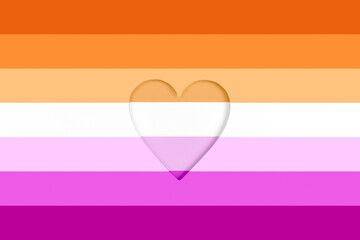 Lesbian flag background. Rainbow Printed cardboard with die-cut heart shape. Top view © Formatoriginal