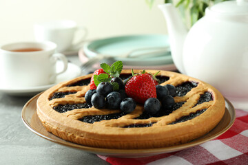 Concept of delicious dessert with blueberry pie