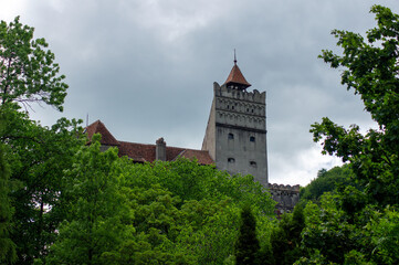 Fototapeta na wymiar Bran Castle peeking above the trees, Bran, Romania