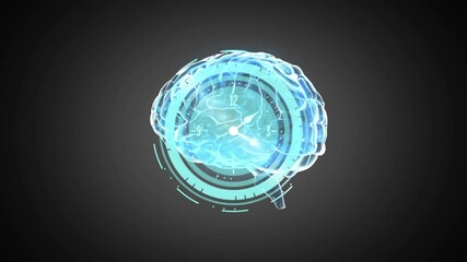 Digital animation of human brain spinning over neon digital clock ticking against black background - Powered by Adobe