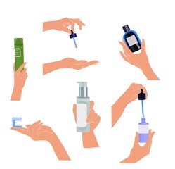 Collection of hands holding skin care products.