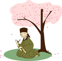 桜の木の下で歌を詠む高齢の男性。
