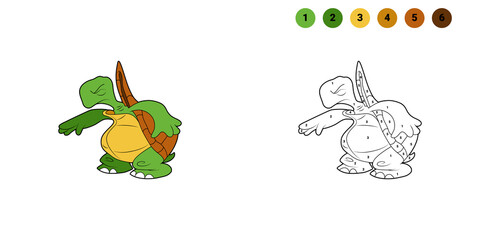Coloring book for kids. Cartoon character. Turtle got scared and closed his eyes. Black contour silhouette. Isolated on white background. Animal theme.