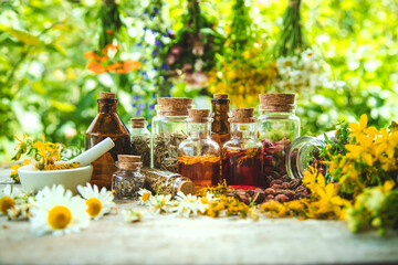 Tincture of medicinal herbs in bottles. Selective focus. - obrazy, fototapety, plakaty