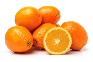 Whole orange fruit and his segments or cantles isolated on white background cutout
