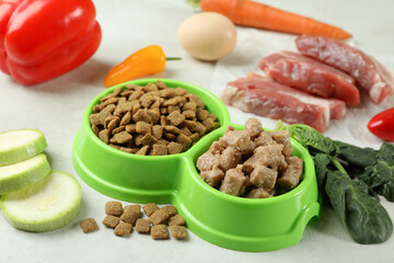 Concept of organic pet food on white textured background