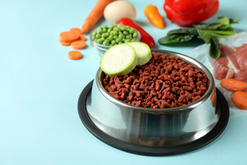 Concept of organic pet food on blue background