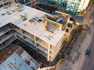 Modern aerial landscape with construction aerial for urban design. House equipment. City landscape. Construction, development, architecture. Aerial view. Apartment new block compound