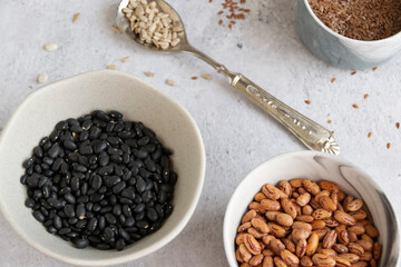 Variety of legumes and seeds. Healthy food foods naturally rich in protein