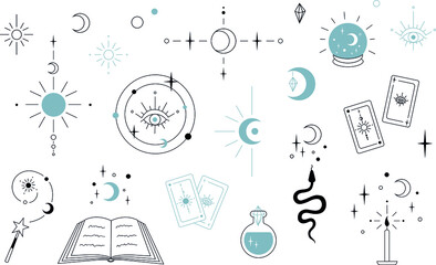 isolated illustrations magic and divination elements vector set - obrazy, fototapety, plakaty