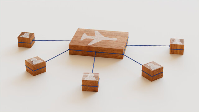 Flight Technology Concept with airplane Symbol on a Wooden Block. User Network Connections are Represented with Blue string. White background. 3D Render.