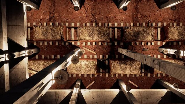 Camera panning across the base of a mine shaft with minecarts full of metal ore and mined materials.